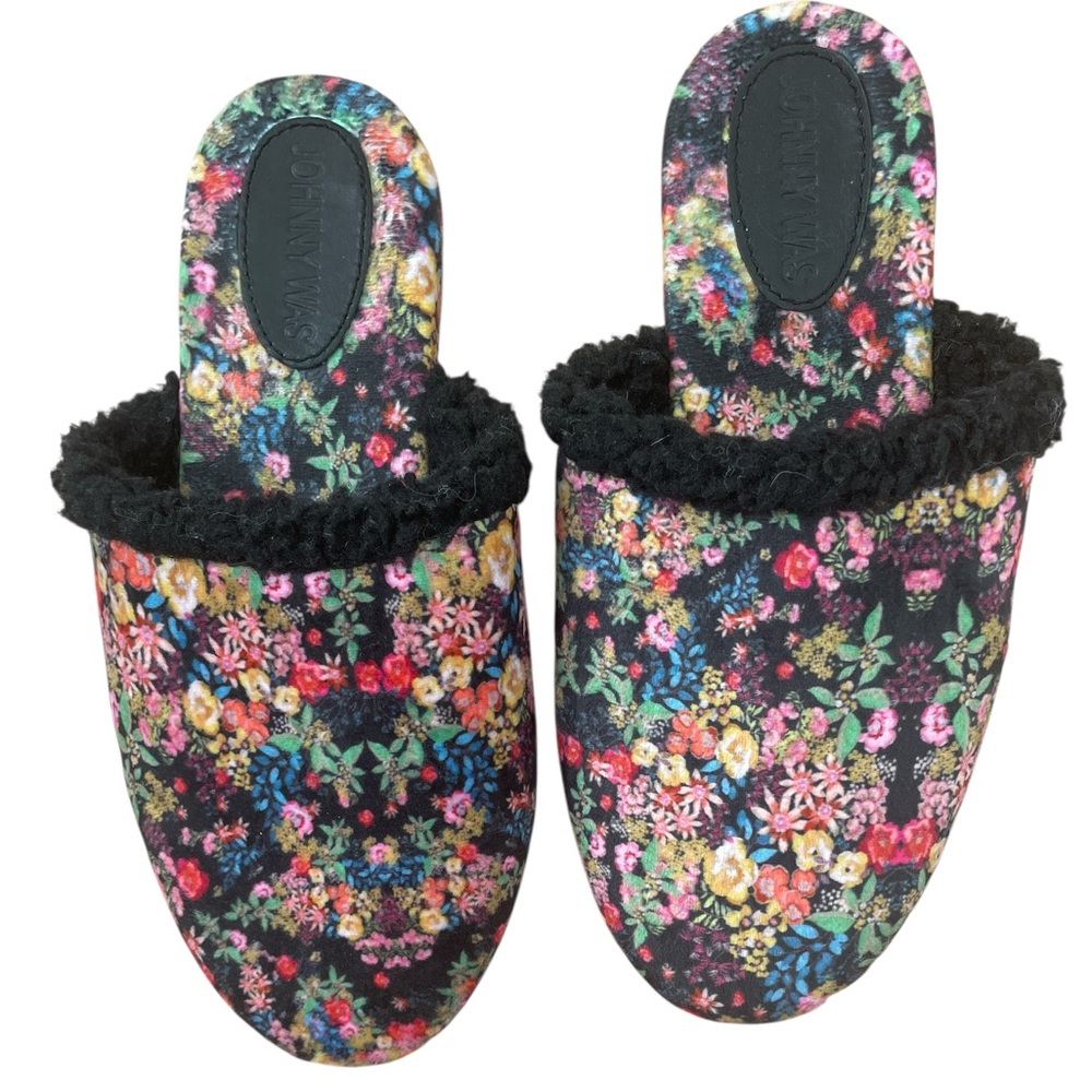 Johnny Was Jacquard Sherpa lined Mule Black Floral Slippers Size 6